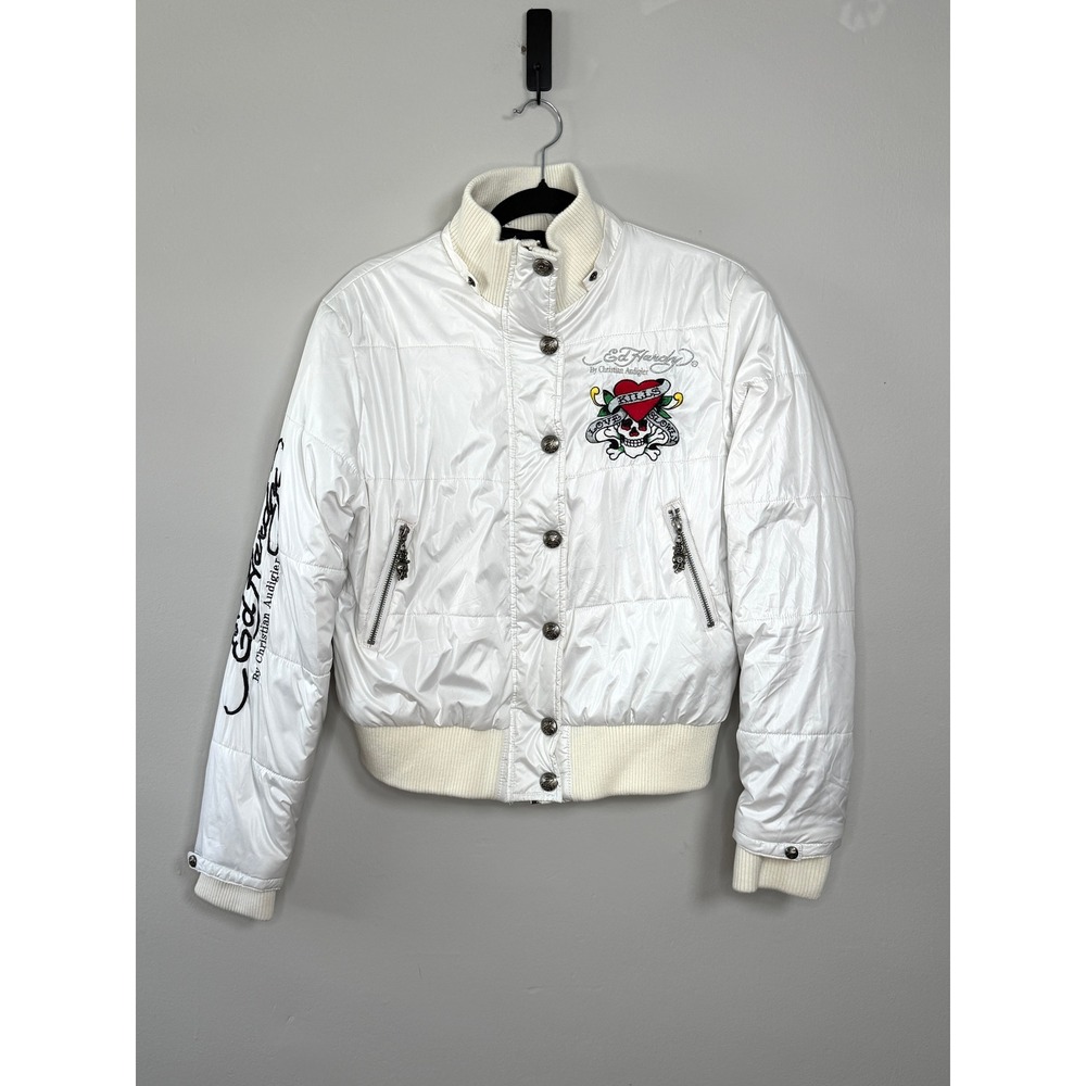 Ed Hardy Puffer Jacket XL White Vintage Y2K Love Kills Slowly Skull Embroidered